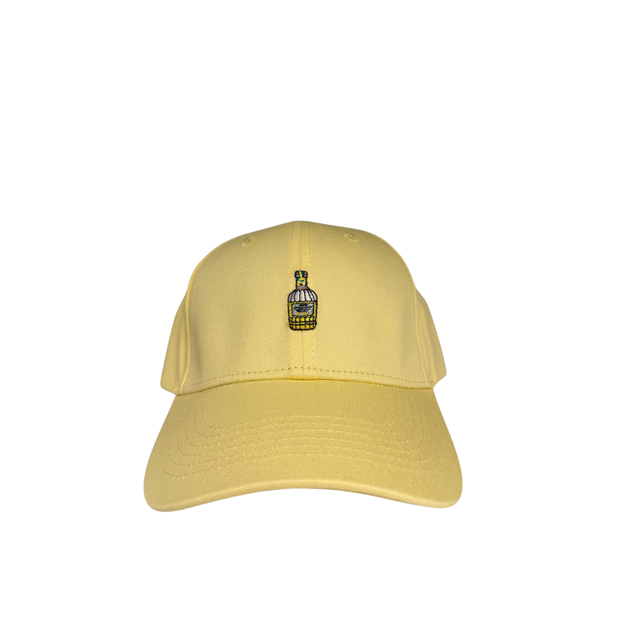 Yellow cap with a small logo on a white background