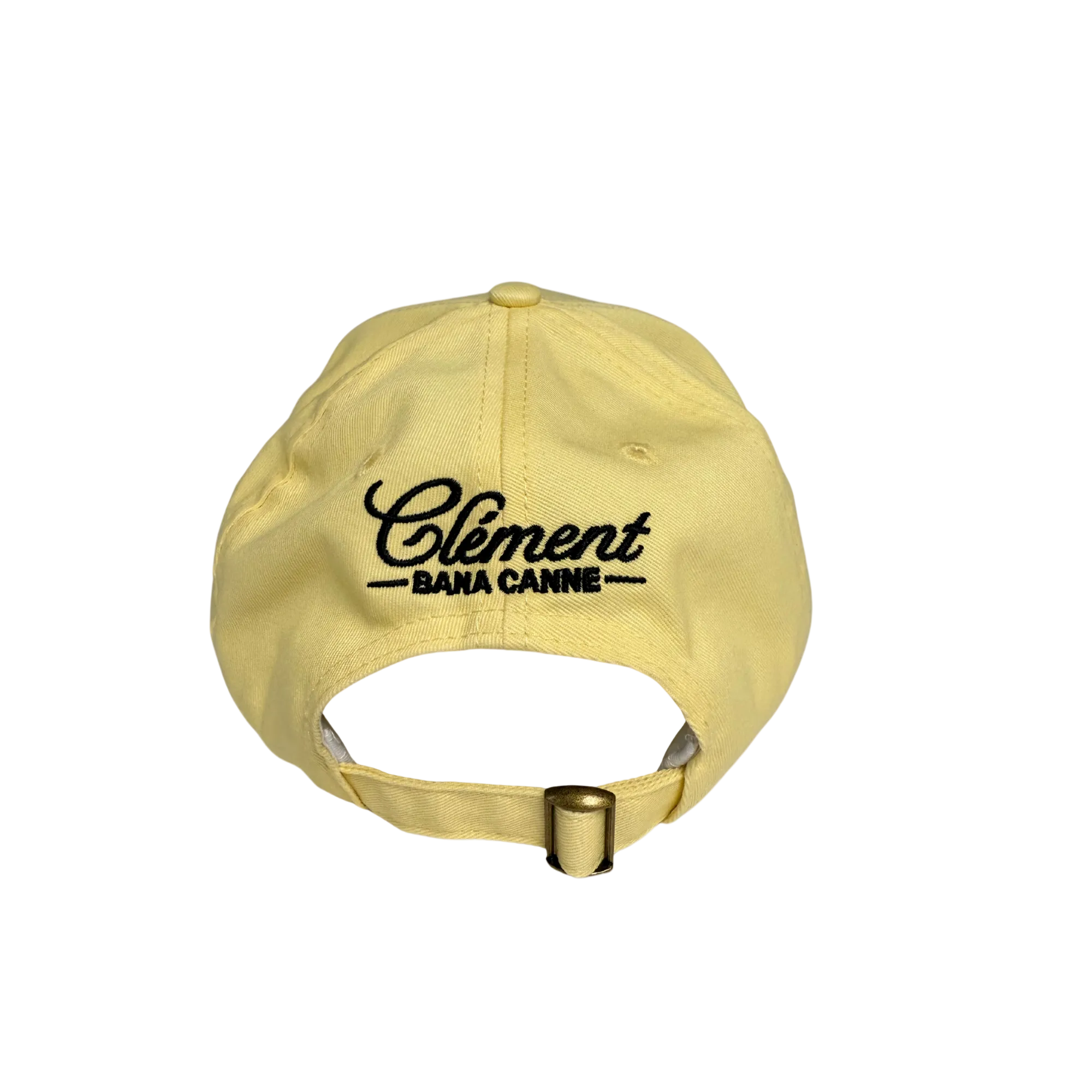 Yellow cap with black text on a white background