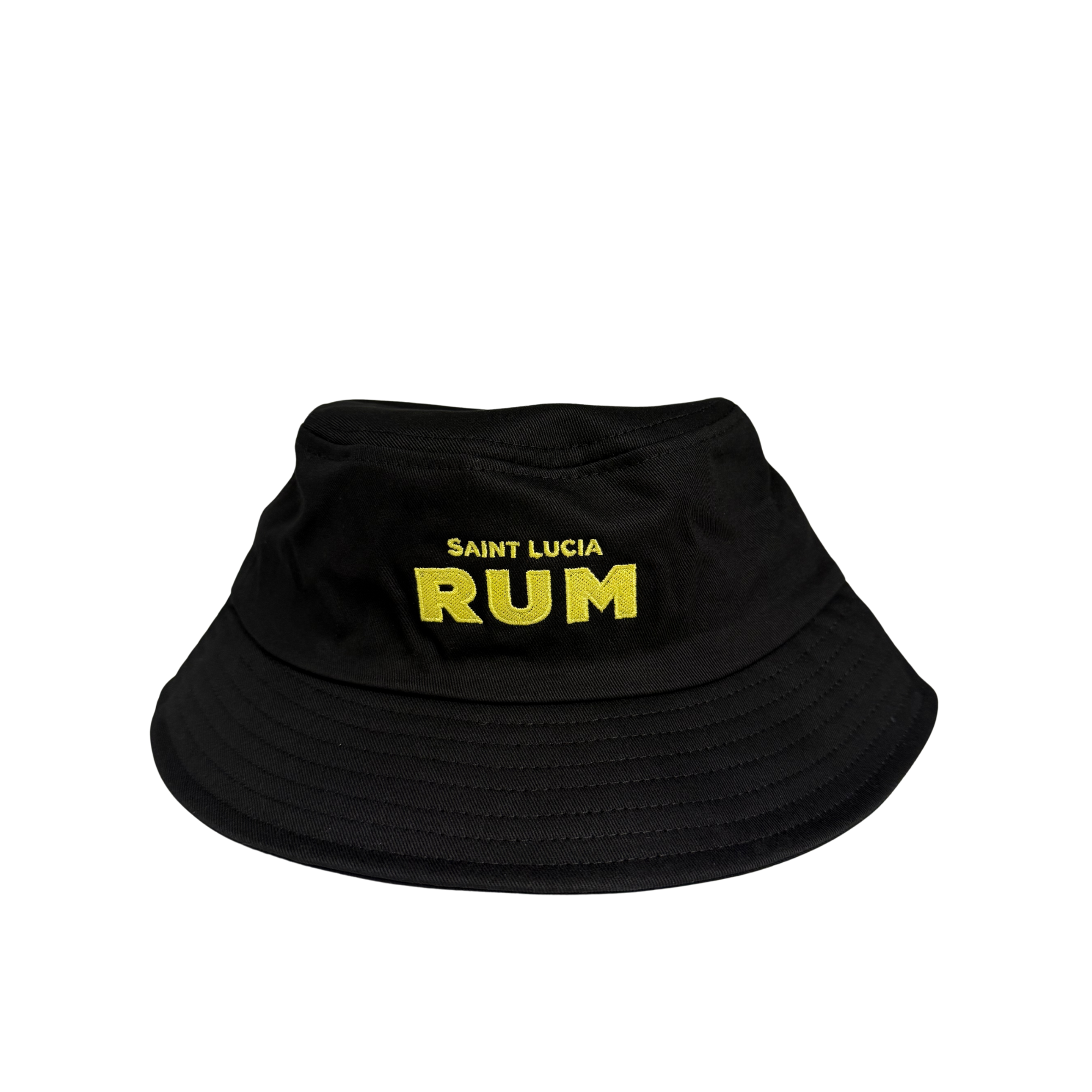 Black bucket hat with 'Saint Lucia Rum' text on a white background