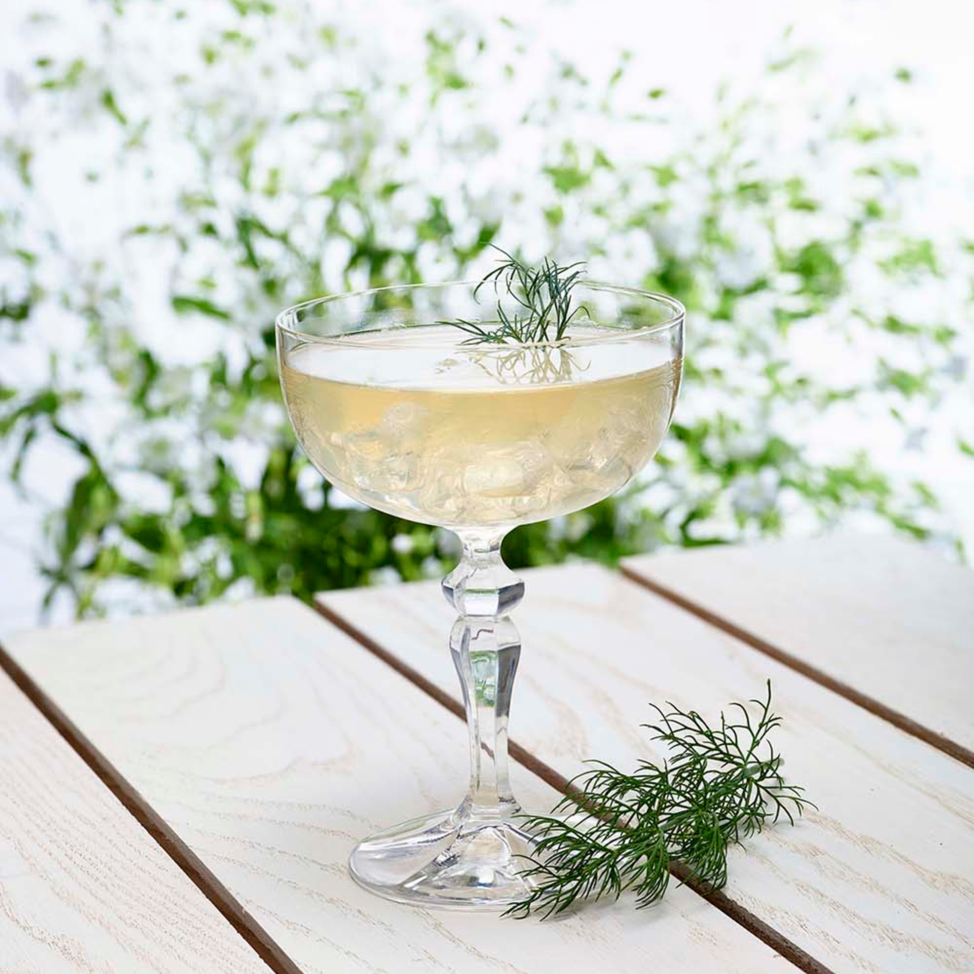 Cocktail in a glass with dill garnish on a wooden table outdoors