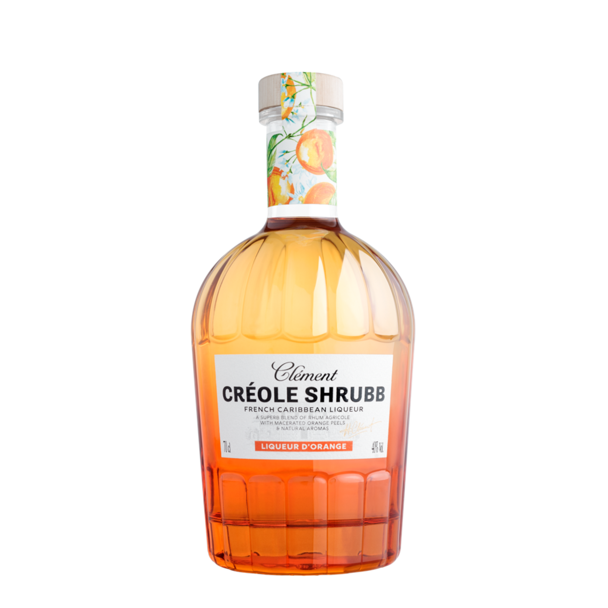 Bottle of Clement Creole Shrubb on a white background
