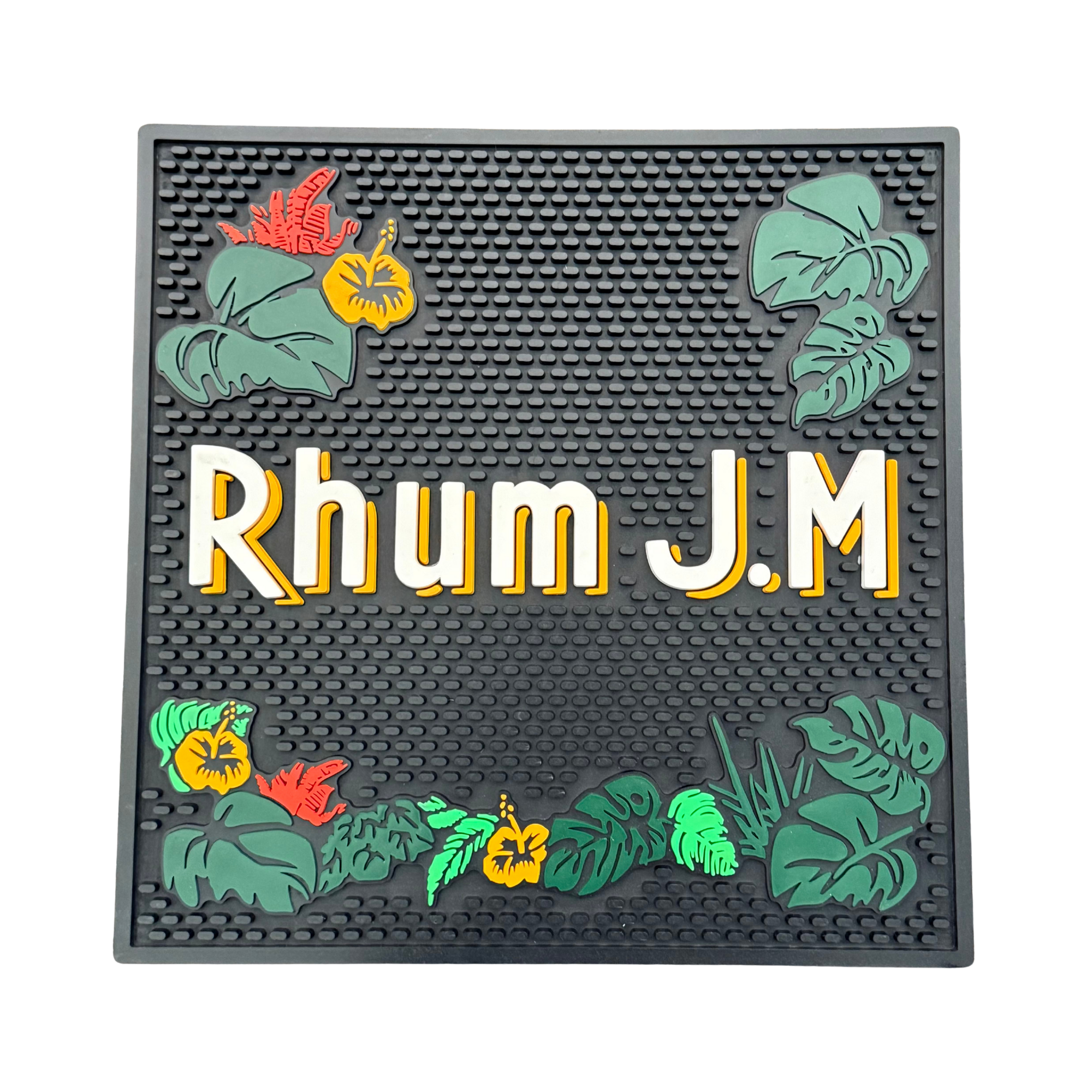 Rhum J.M. branded mat with leaf designs on a white background