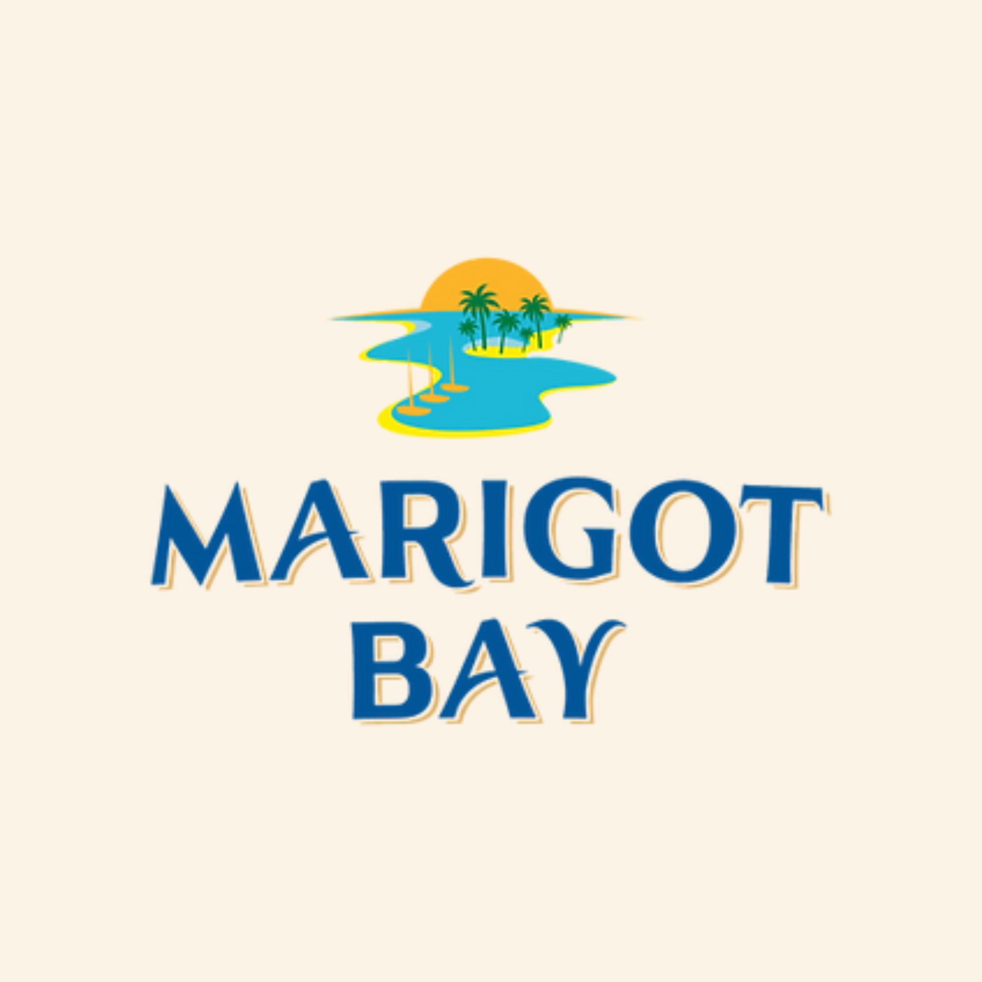 Marigot Bay logo with a beach and palm tree design on a beige background