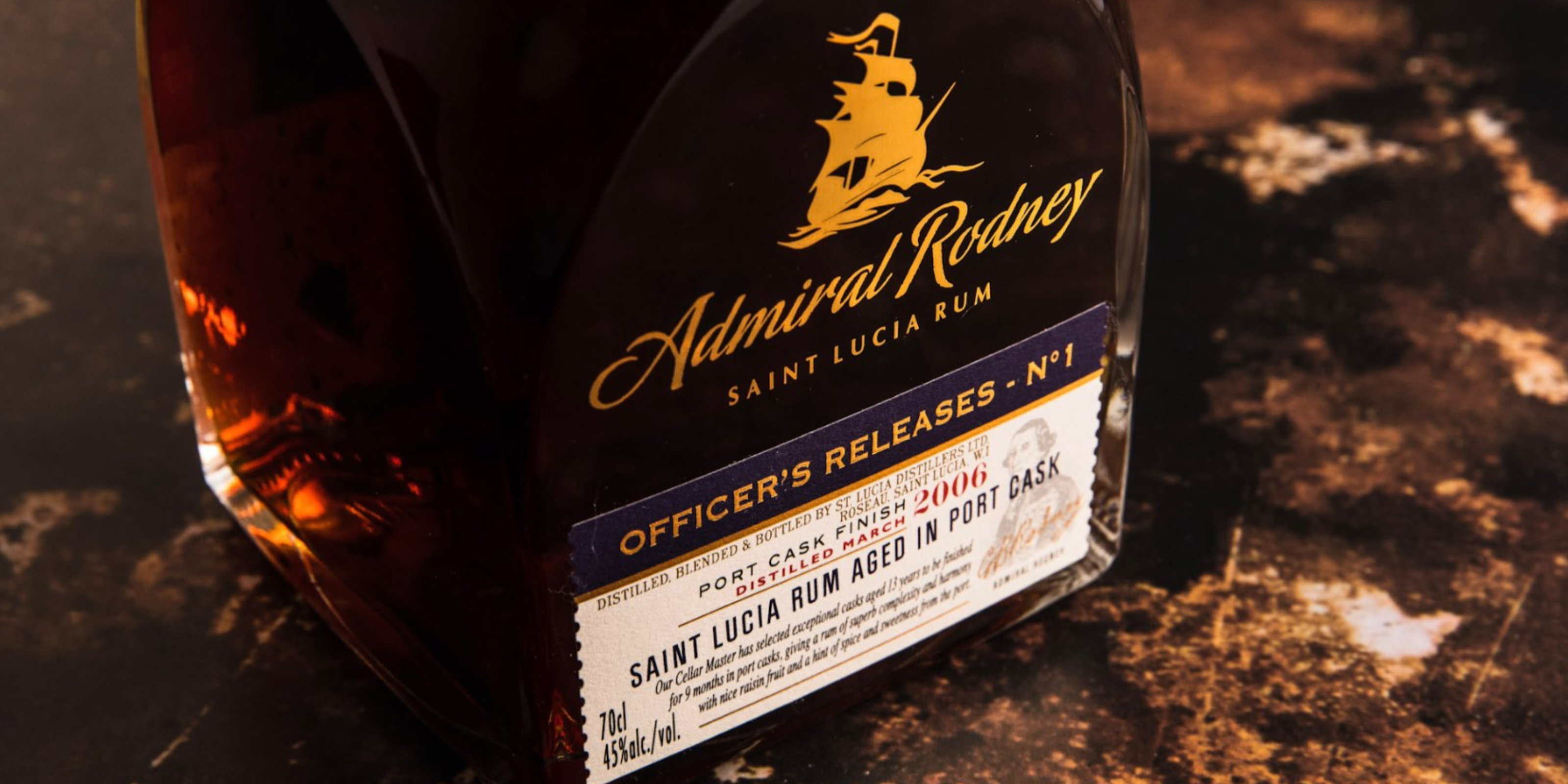 Close-up of Admiral Rodney Saint Lucia Rum bottle.