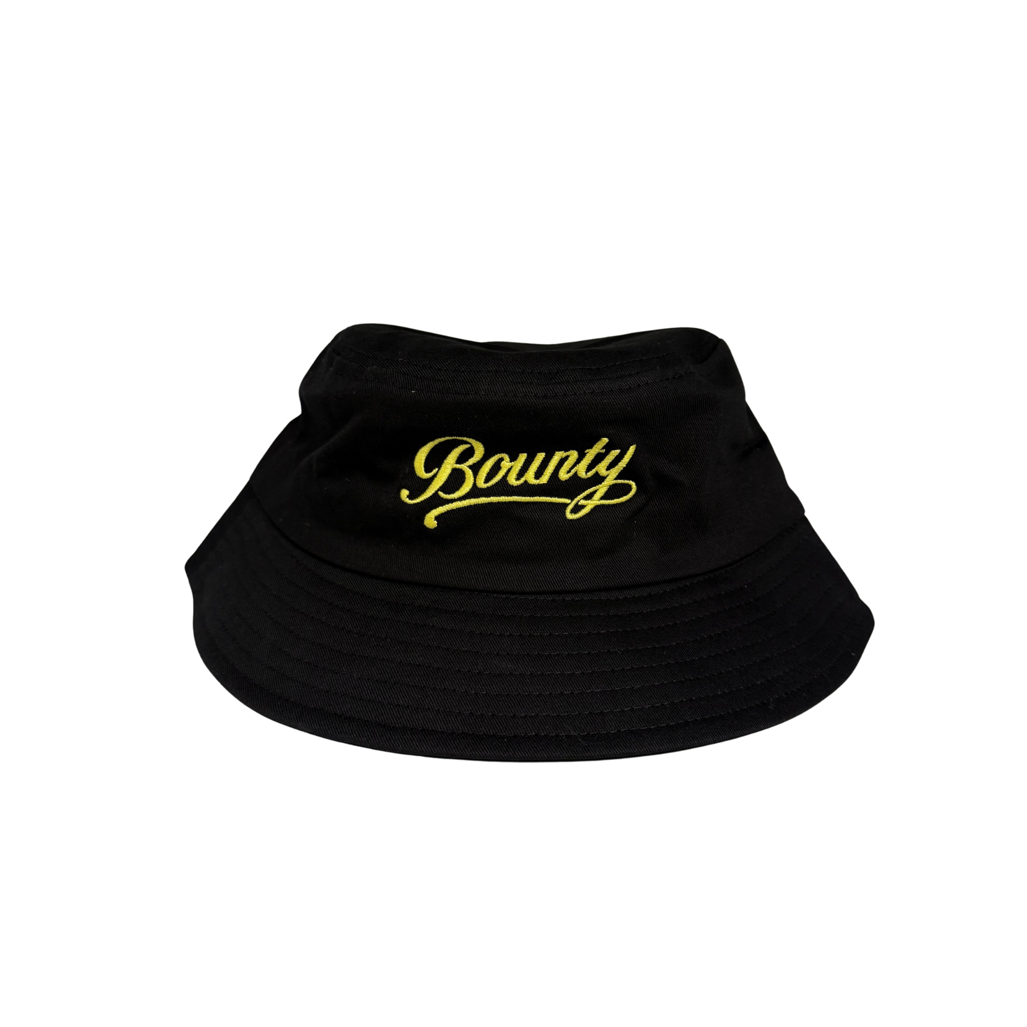 Black bucket hat with yellow 'Bounty' text on a white background