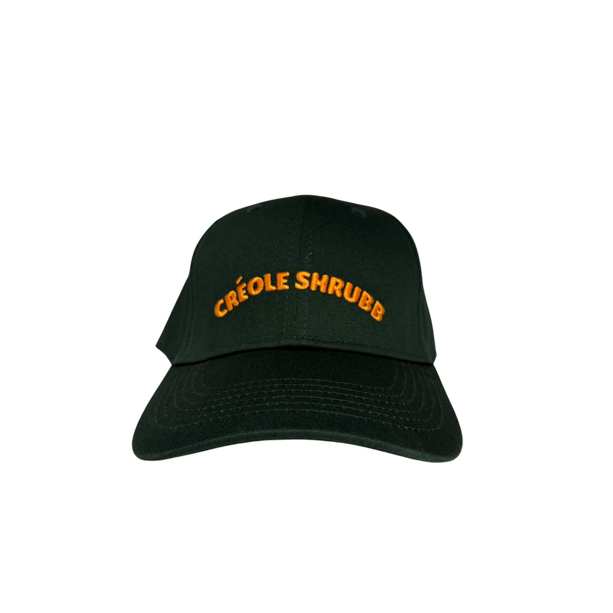 Black cap with 'Creole Shrub' text on a white background
