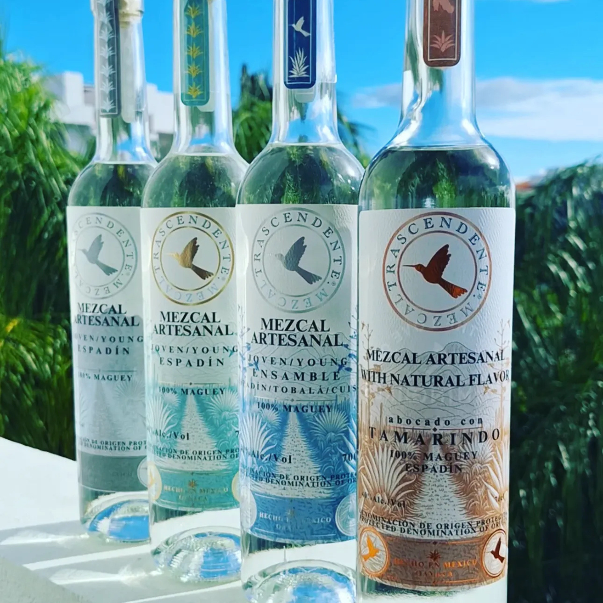 Four bottles of Ascendente Mezcal on a table with a scenic background