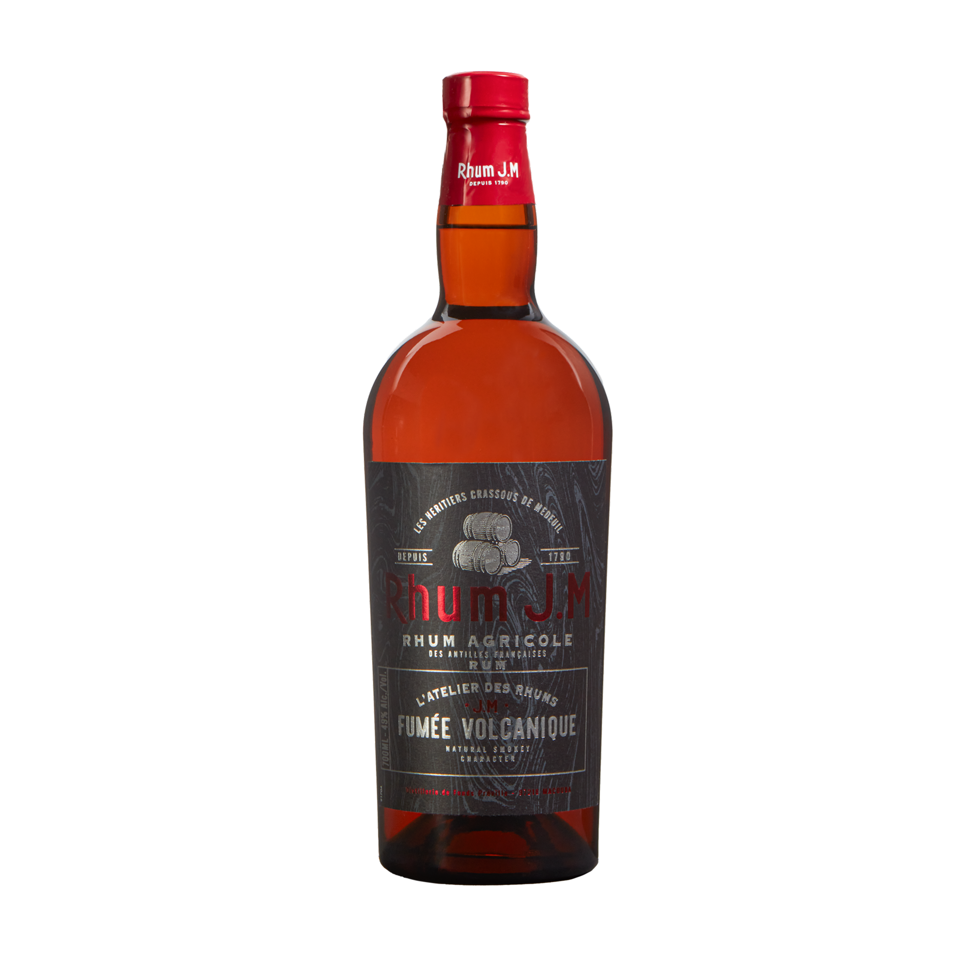 Bottle of Rhum JM rum on a white background