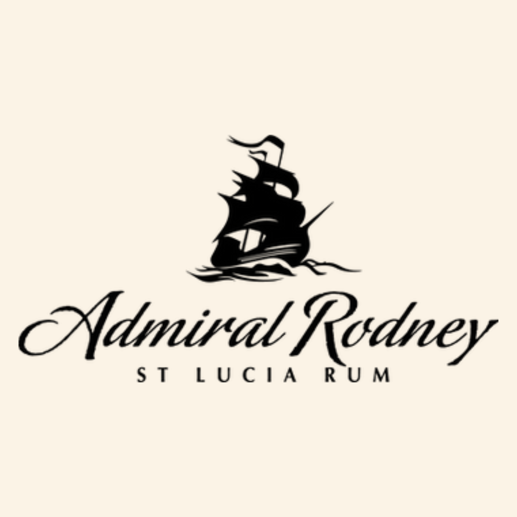 Admiral Rodney St Lucia Rum logo with a black ship on a beige background