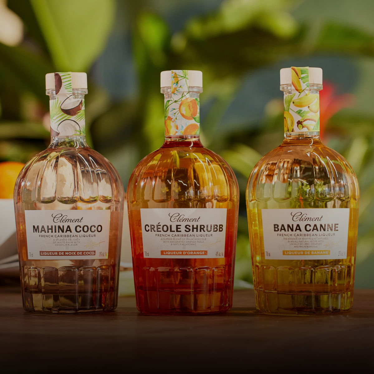 Three bottles of Clément Mahina Coco, Crèole Shrubb, and Bana Canne with colorful labels on a blurred natural background.