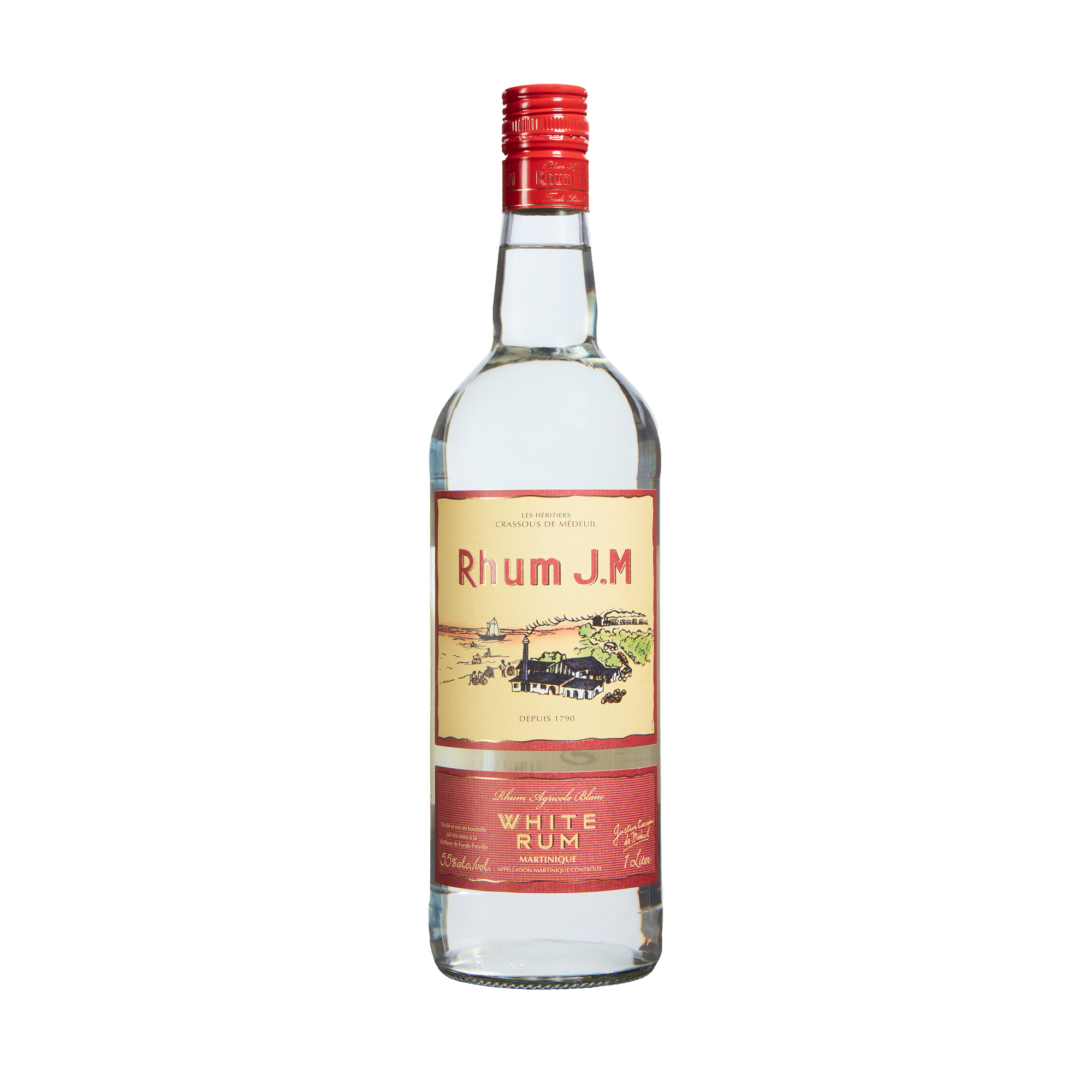 Rhum J.M. blanc 55 bottle with a red cap on a white background