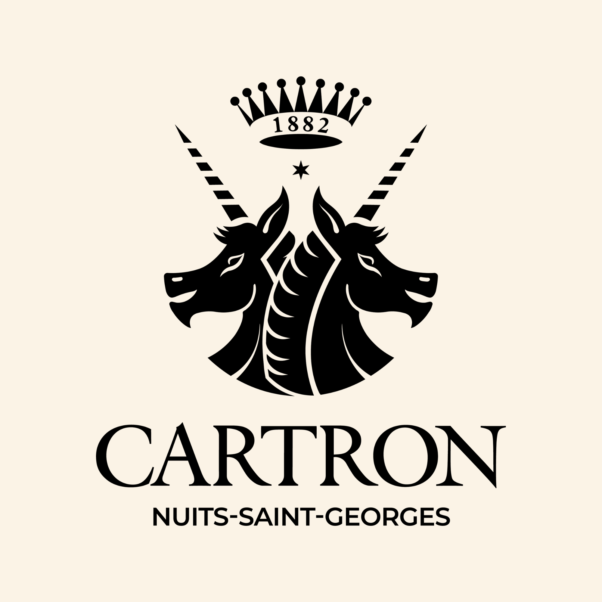 Black logo of Cartron with unicorn heads and crown on a beige background
