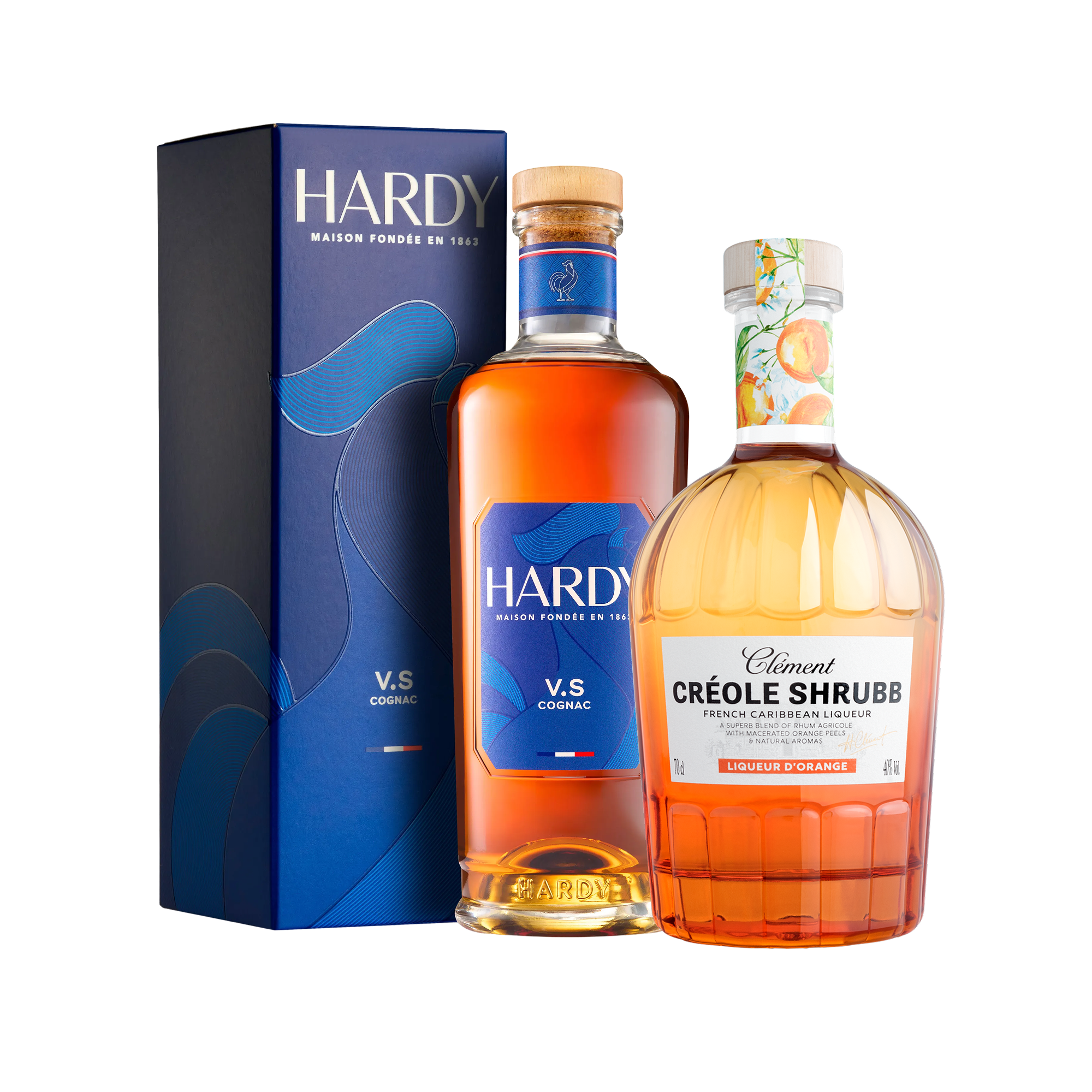 Bottles of Hardy cognac and Clément Créole Shrub with a blue Hardy box on a white background.